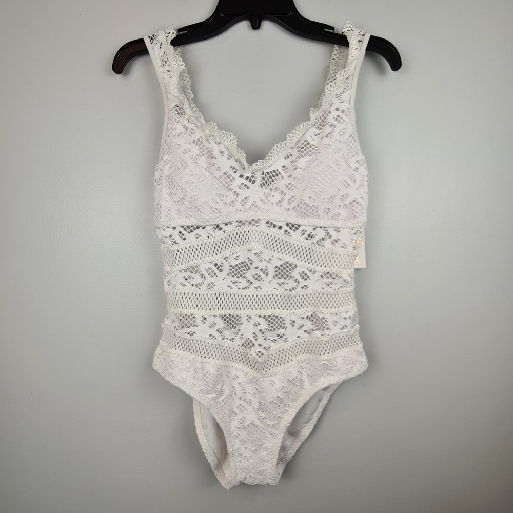 BECCA by Rebecca Virtue White Captured Crochet Lace One Piece Swimsuit Large NWT
